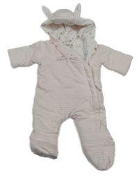 Svetloružová -biela pruhovaná zateplená kombinéza so zajačikom a kapucňou s uškami F&F