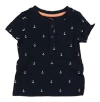 Tmavomodré melírované tričko s bílými kotvami a vreckom C&A