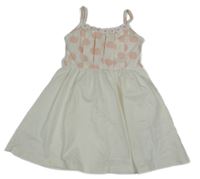 Bielo-svetloružové letné šaty s bodkami a 3D kvety