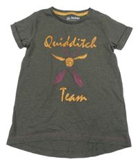 Tmavošedohnědé melírované tričko se zlatými nápisy a košťaty - Harry Potter character