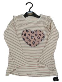 Nové - Bílo-starorůžové pruhované triko se srdcem z flitrů a volánky Dunnes