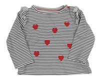 Bielo-čierne pruhované tričko so srdiečkami a volánikmi C&A