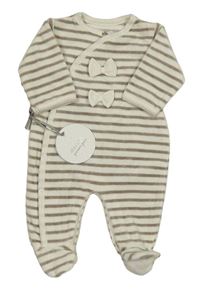 Nové - Smetanovo-hnědý pruhovaný sametový overal s mašlemi Absorba