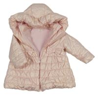 Růžový lesklý šusťákový zimní kabát s mašlemi a kapucí