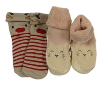 2set - Růžovo-béžové ponožkoboty s čumákem + béžovo-červené ponožky s pruhy - sob