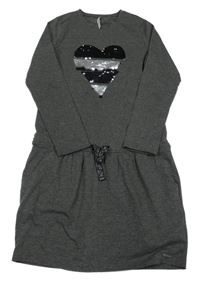 Tmavošedé melírované bavlněné šaty se srdcem z překlápěcích flitrů Coccodrillo