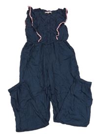 Tmavomodrý ľahký nohavicový overal s volánikmi Pocopiano