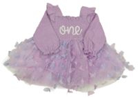 Lila mušelínovo/tylové šaty s nápisom a motýly