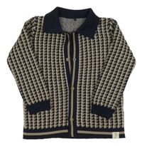 Hnědo-tmavomodro-bílý vzorovaný propínací svetr s límečkem George