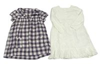 2x šaty - Bílé vzorované + bílo-fialové kostkované zn. Mothercare