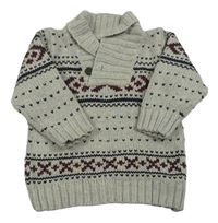 Šedo-tmavomodro-vínový vzorovaný vlněný svetr H&M