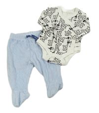 2 set - Bílo-černé zavinovací body s žirafami + modré sametové polodupky 
