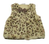 Světlbéžovo-hnedá leopardí kožušinová podšitá vesta s mašlou