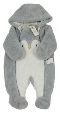 Nové - sivo-biela chlpatá podšitá kombinéza s tučňákem a kapucňou zn.