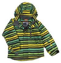 Zeleno-čierno-žltá pruhovaná šušťáková funkčná lyžiarska bunda s kapucňou