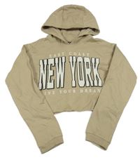 Béžová crop mikina s nápisom a kapucňou