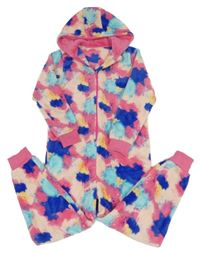 Ružovo-modrá vzorovaná vzorovaná plyšová kombinéza s kapucňou dunnes