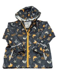 Tmavomodro-oranžová nepromokavá bunda s velrybami a kapucňou Lupilu
