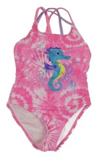 Růžové batikované jednodílné plavky s mořským koníkem 