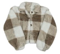 Hnedo-biela kockovaná plyšová crop košeľová bunda Shein