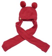 Fuchsiová čepice s bambulemi a šálou 