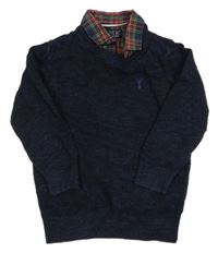 Tmavomodrý melírovaný svetr s košilovým límcem Next