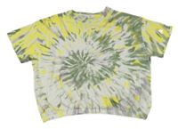 Bílo-khaki-žluté batikované crop tričko a punto.