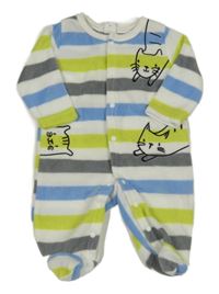 Bielo-sivo-zeleno-modrý pruhovaný fleecový overal s kočičkami Shein