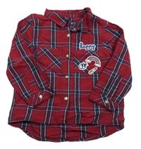 Červeno-tmavomodro-biela kockovaná blúzka s nášivkami