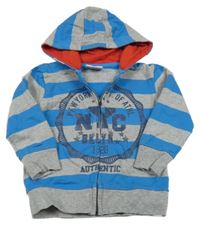 Modro-sivá pruhovaná prepínaci mikina s potlačou a kapucňou Topolino