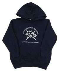 Tmavomodrá mikina s potlačou a kapucňou Fruit of the Loom