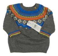 Nové - šedo-modro-žlutý vzorovaný svetr F&F