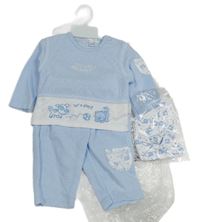 3set - Světlemodro-bílé triko s pejsky + tepláky + čepička 