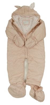 Světlerůžová prošívaná šusťákovo/huňatá zimní kombinéza s kapucí s oušky + rukavice a capáčky Tu