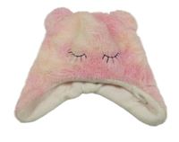 Růžovo-meruňková chlupatá čepice s očima 