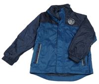 Tmavomodro-petrolejová šusťáková jarní bunda s potiskem 
