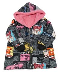 Čierno-farebná šušťáková zateplená bunda s dievčatkom a kapucňou