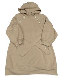 Béžové teplákové šaty s knoflíky, opaskom a kapucňou River Island