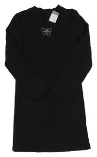 Nové - Černé žebrované elastické šaty s motýlem z kamínků Primark