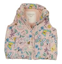 Světlerůžová květovaná šusťáková zateplená vesta s motýlky Mothercare 