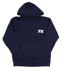 Tmavomodrá mikina s nápisom a kapucňou