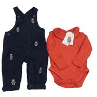 Nové - Tmavomodré manšestrové laclové kalhoty s Pudsey + červené body 