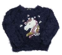 Tmavomodrý chlpatý sveter s jednorožcom Alive