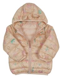 Broskvová šusťáková prošívaná zimní bunda se zajíčky a kapucí 