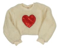 Smotanová chlpatá crop mikina so srdiečkom