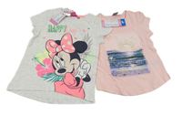 Nové - 2x - Světlerůžové tričko s mořem + šedé tričko s Minnií Disney