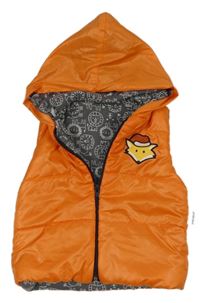 Oranžová šusťáková prošívaná zateplená vesta s liškou a kapucí Minice