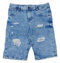 Modré teplákové skinny rifľové kraťasy s vyšúchaním Denim Co.