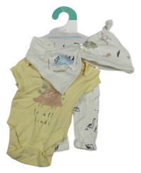 Nové - 4set - Žluté body + bílé tepláky + čepice + šátek s dinosaury Primark