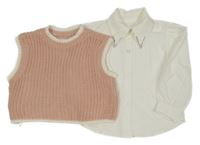 2set - Biela blúzka s kamínky + svetloružová svetrová crop vesta